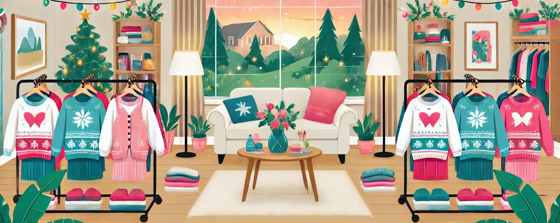 A cosy indoor scene featuring racks of colourful clothing, including festive Christmas jumpers and sweaters, in a care home setting. The room is decorated with holiday elements such as a Christmas tree, garlands, and string lights. The background shows a peaceful outdoor view through a large window, with a sunset over a house and pine trees. The furniture includes a white sofa with bright pillows, a small coffee table with decorative items, and plants. The atmosphere is warm, inviting, and festive, designed for a shopping experience party.