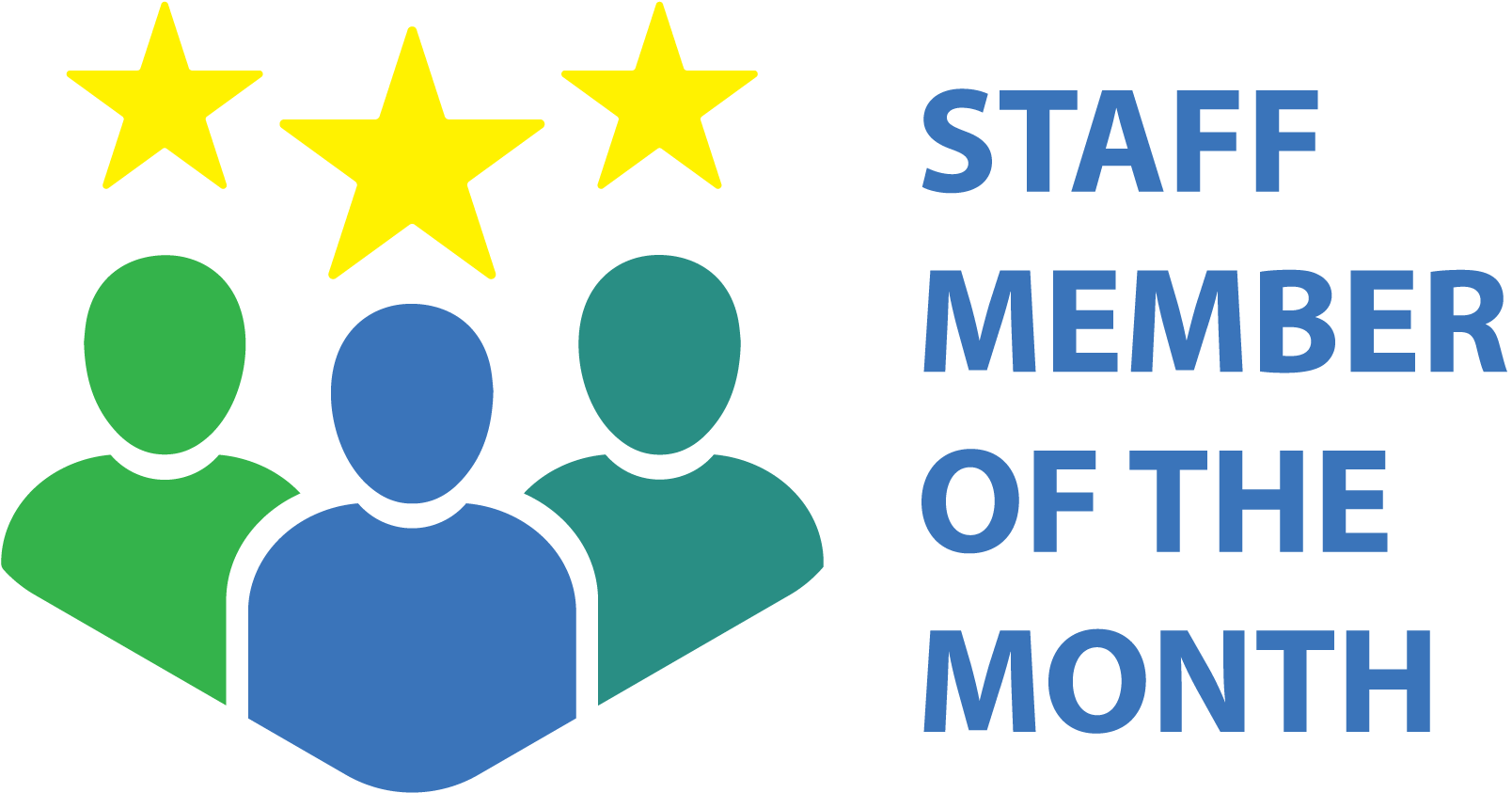 The image depicts three abstract figures in different colors (green, blue, and teal) representing people, positioned side by side. Above their heads are three yellow stars, with the middle star larger than the two on either side. To the right of the figures is bold blue text that reads "STAFF MEMBER OF THE MONTH." The design conveys recognition and achievement.