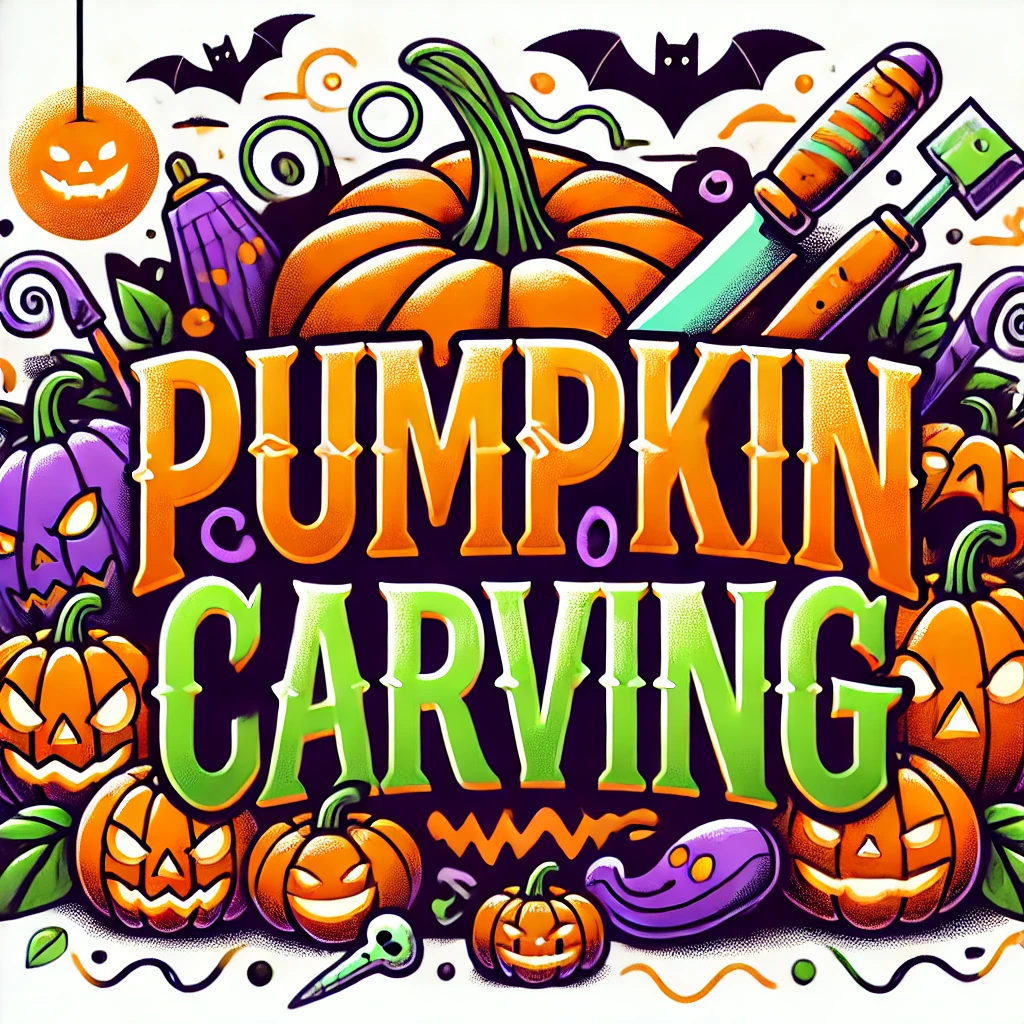 A vibrant and playful Halloween-themed image with the words 'Pumpkin Carving' in bold, fun letters. The design features pumpkins, carving tools, spider webs, and small bats, all in festive Halloween colors of orange, purple, and green. The image has a family-friendly, creative vibe perfect for promoting a pumpkin carving event.