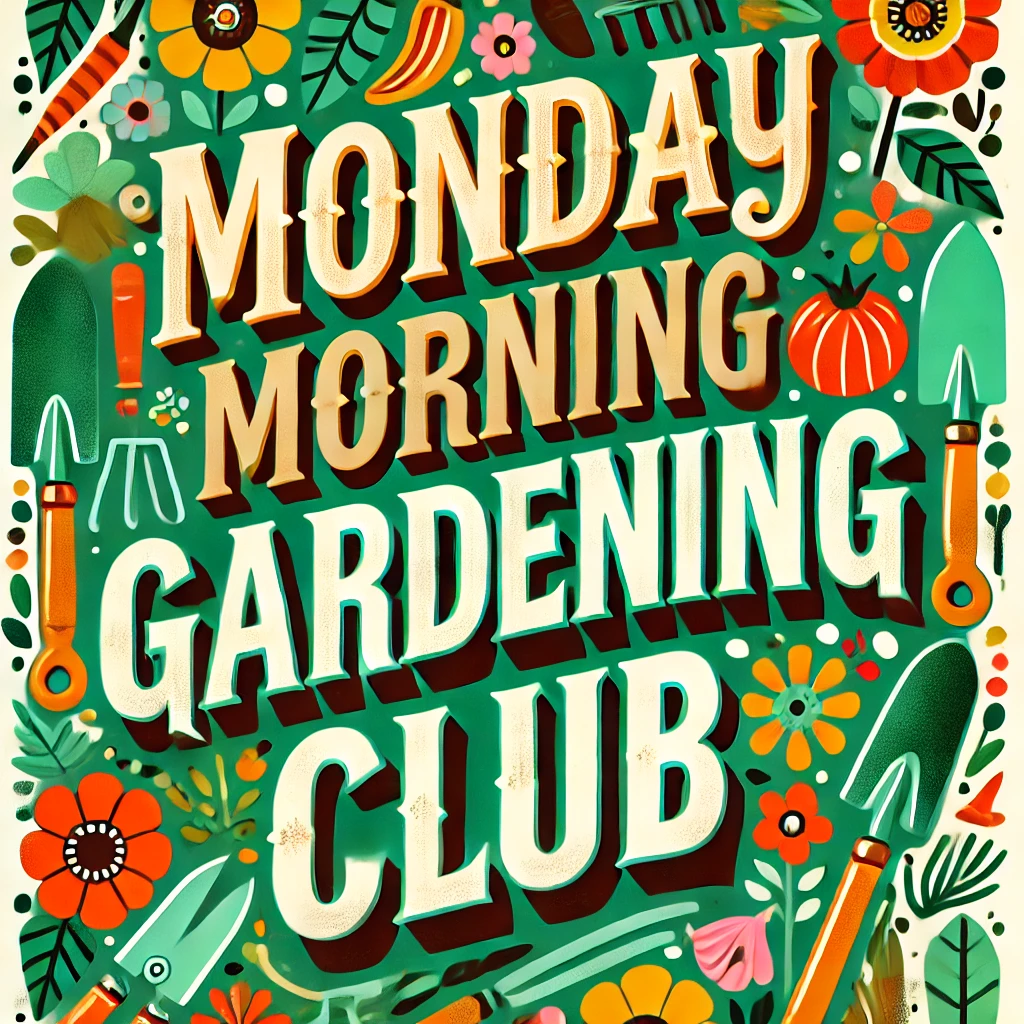 A cheerful and inviting image for the 'Monday Morning Gardening Club' event. The design features playful, friendly text and vibrant illustrations of gardening tools, plants, vegetables, and flowers. The background includes bright green tones for the plants, earthy browns for soil, and pops of colorful flowers, creating a warm, community-focused atmosphere. The image evokes a welcoming and energetic vibe, perfect for promoting a morning gardening activity.