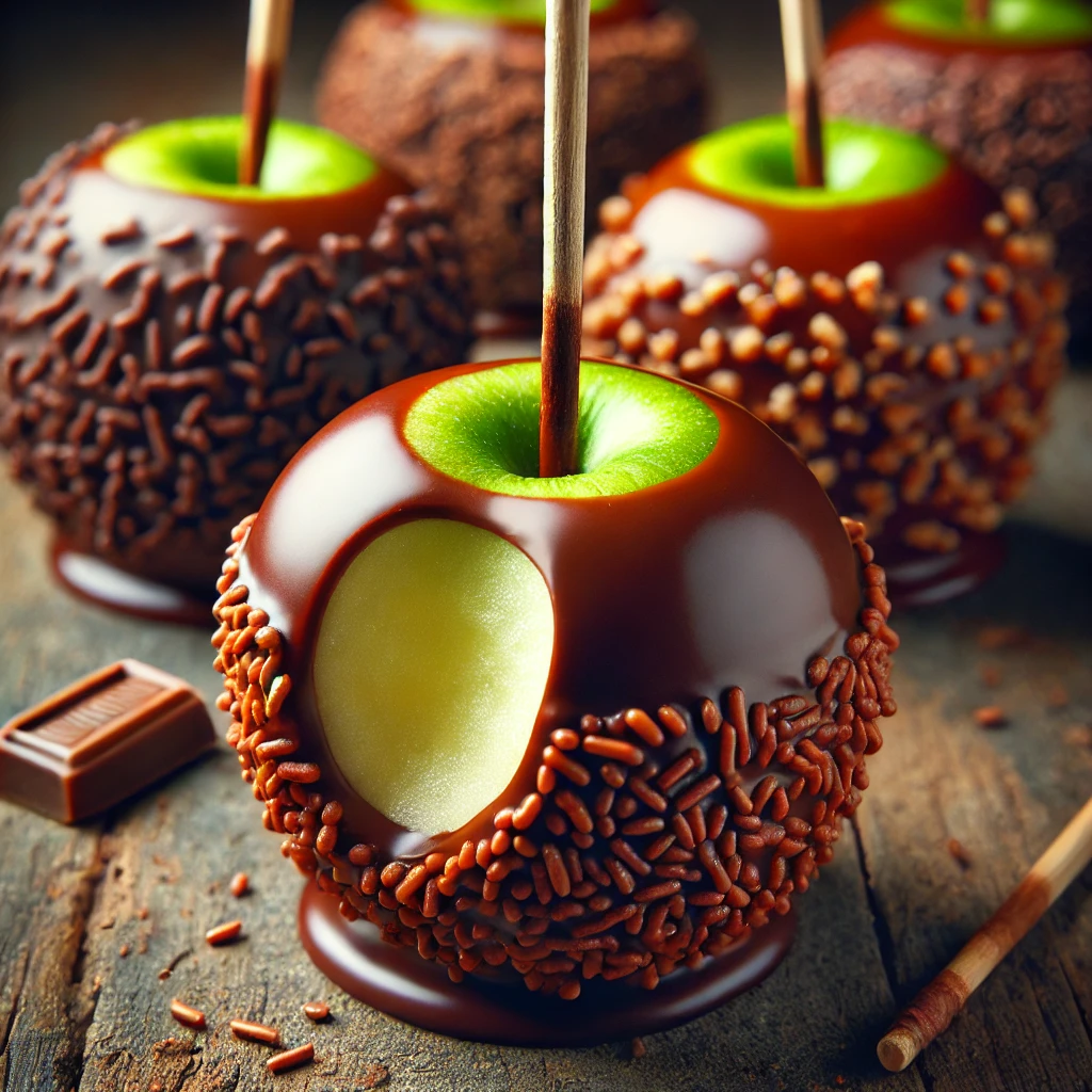 A close-up image of chocolate-covered toffee apples. The apples are coated in a shiny layer of chocolate with a smooth toffee layer underneath. They are skewered with wooden sticks and displayed on a rustic surface. One of the apples has a bite taken out of it, revealing the bright green interior of the apple. The chocolate coating is decorated with sprinkles and drizzled caramel, creating a visually indulgent and appetizing treat.