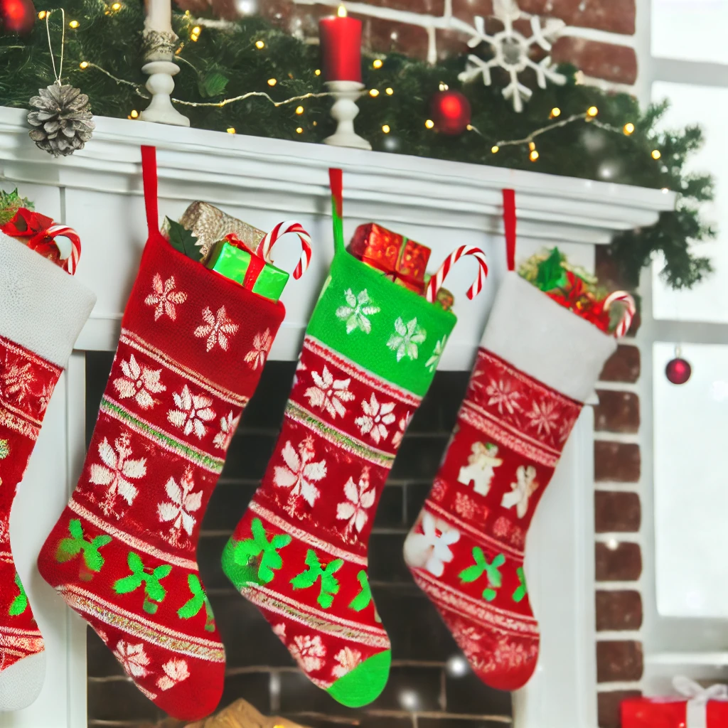 A festive scene featuring brightly colored Christmas stockings hanging from a cozy fireplace mantel. The stockings are decorated with traditional holiday patterns such as snowflakes, reindeer, and holly in red, green, and white. They are filled with small gifts, candy canes, and wrapped presents peeking out from the top. The mantel is adorned with garlands, ornaments, and twinkling fairy lights, creating a warm, holiday atmosphere. Snow is gently falling outside a nearby window, adding to the cozy, winter scene.