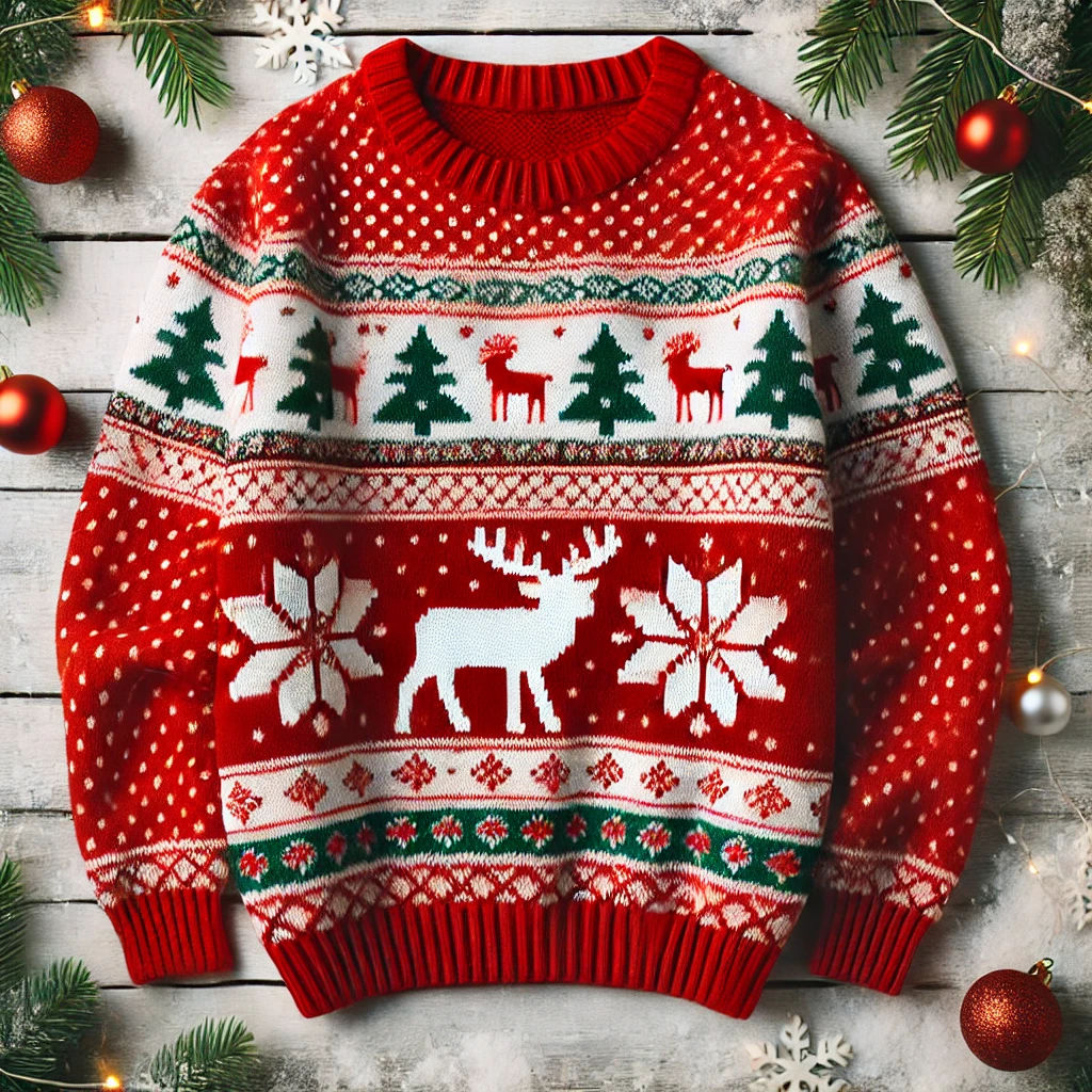 A bright red Christmas jumper with a festive design featuring white reindeer, large snowflakes, and green Christmas trees. The jumper has a traditional winter knit style with ribbed cuffs, hem, and neckline. It is decorated with patterns of small snowflakes and holiday motifs. The jumper is displayed against a rustic wooden backdrop, surrounded by pine branches, red ornaments, and holiday lights, creating a festive atmosphere.