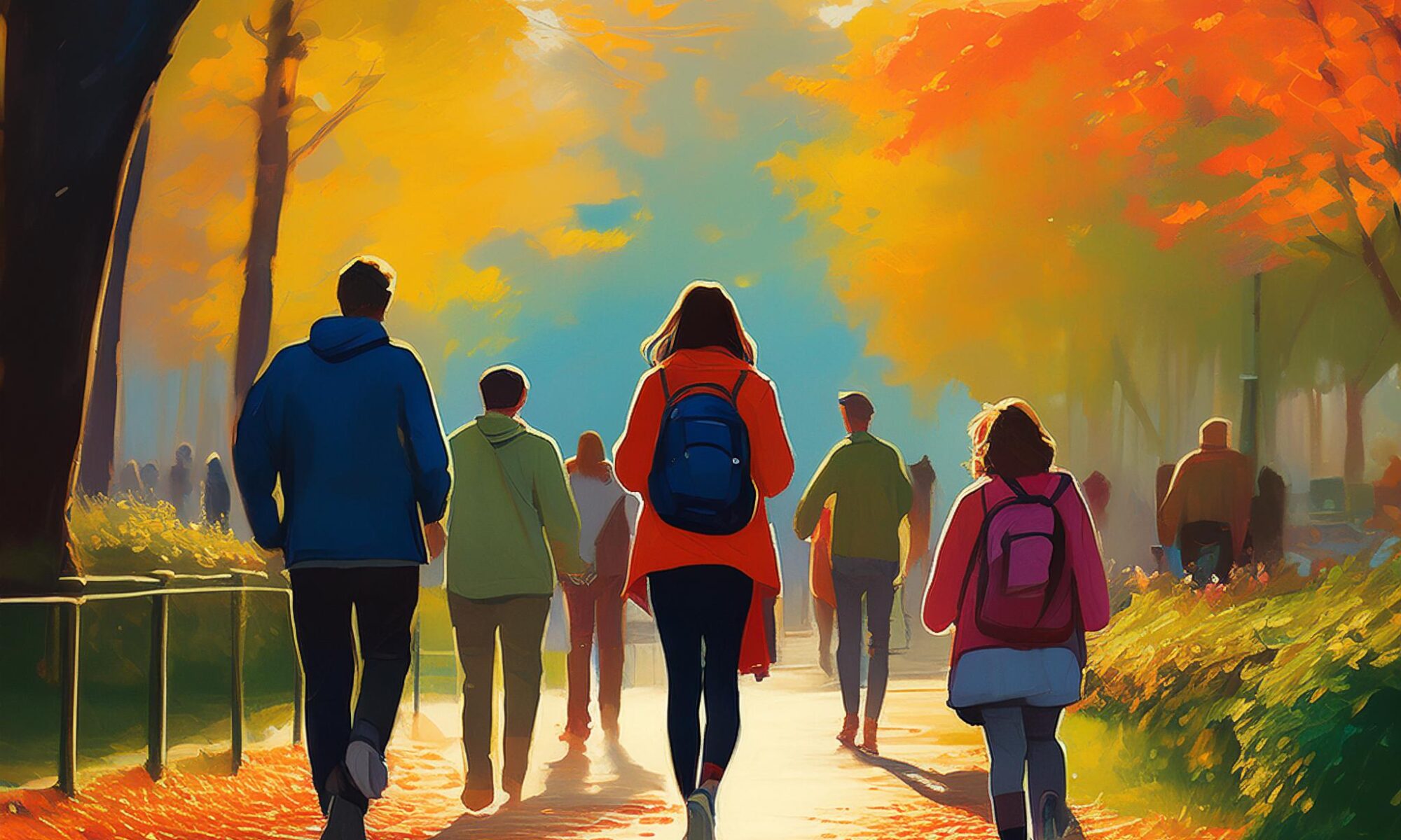 A group of people walking down a path in a park during autumn, surrounded by trees with vibrant orange and yellow leaves. The sunlight casts a warm glow, and the walkers are dressed casually, with backpacks and jackets, enjoying a peaceful stroll through the serene, sunlit environment. The atmosphere is calm and inviting, capturing the beauty of a fall morning walk.