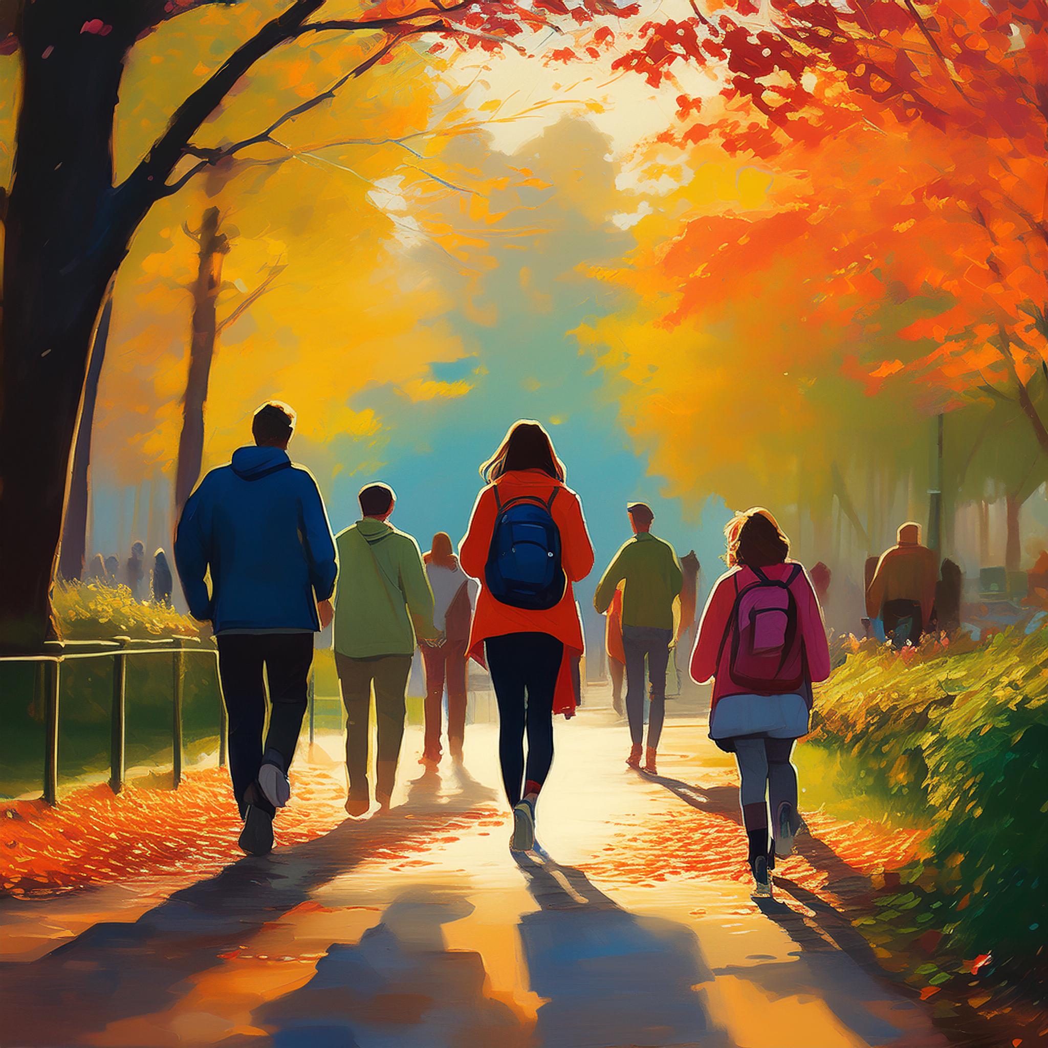 A group of people walking down a path in a park during autumn, surrounded by trees with vibrant orange and yellow leaves. The sunlight casts a warm glow, and the walkers are dressed casually, with backpacks and jackets, enjoying a peaceful stroll through the serene, sunlit environment. The atmosphere is calm and inviting, capturing the beauty of a fall morning walk.