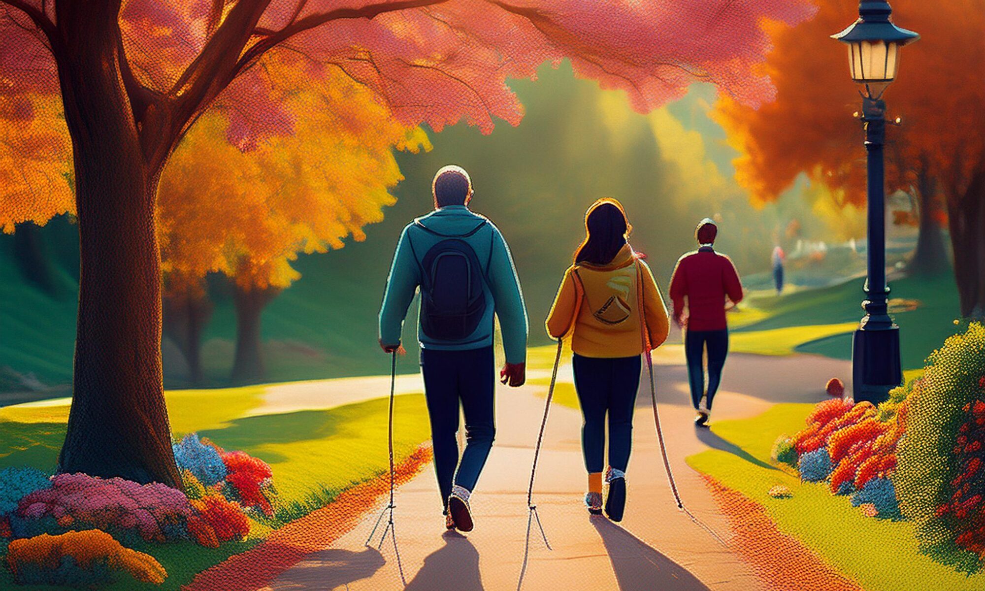 Two people walking down a path in a park during autumn, using walking poles, surrounded by trees with vibrant red, yellow, and orange leaves. The sun is shining brightly, casting a warm glow over the scene, while the path is lined with colorful flowers and greenery. The atmosphere is peaceful and serene, with other walkers in the background, enjoying the sunny morning stroll through nature.