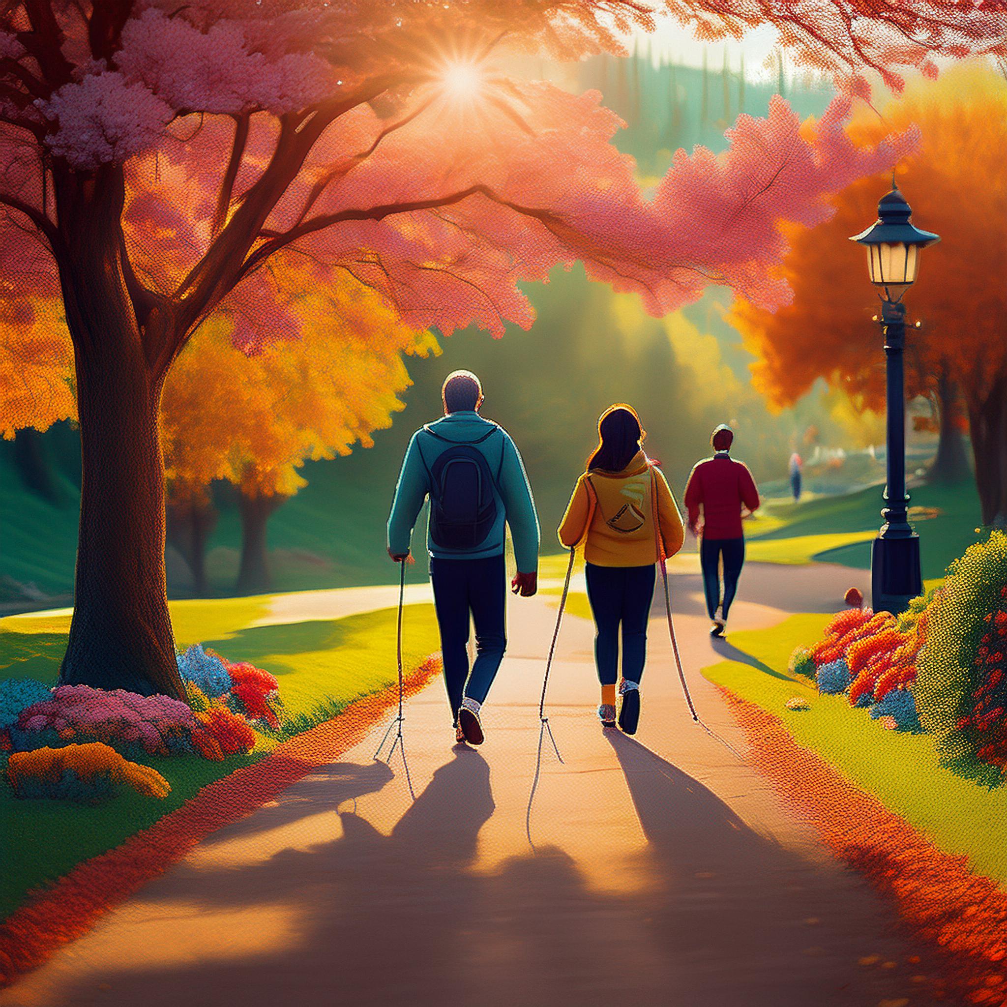 Two people walking down a path in a park during autumn, using walking poles, surrounded by trees with vibrant red, yellow, and orange leaves. The sun is shining brightly, casting a warm glow over the scene, while the path is lined with colorful flowers and greenery. The atmosphere is peaceful and serene, with other walkers in the background, enjoying the sunny morning stroll through nature.