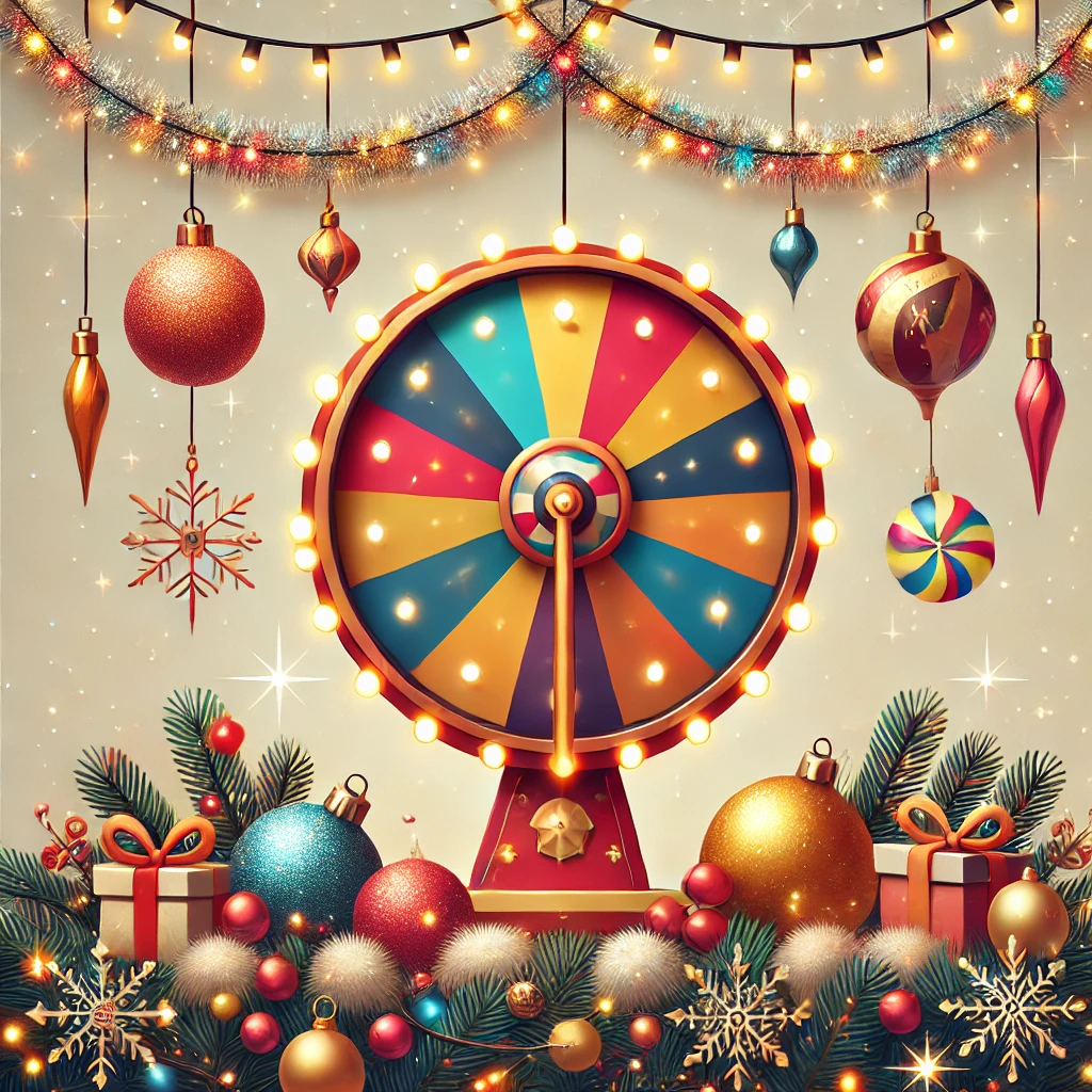 A festive Christmas-themed illustration featuring a colorful spinning wheel without any text, surrounded by sparkling holiday decorations such as tinsel, baubles, and fairy lights. The background is plain and neutral, allowing the vibrant wheel and decorations to take centre stage and evoke a cheerful holiday atmosphere.