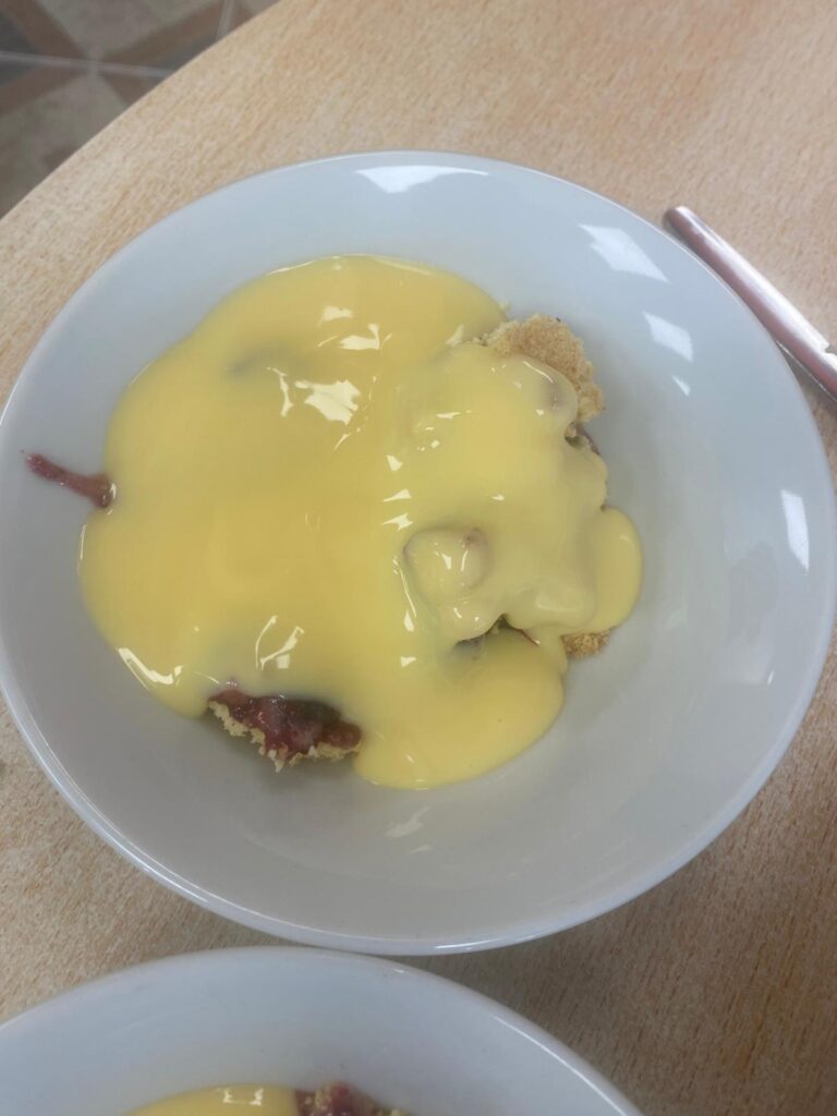 A bowl of warm berry crumble topped with a generous layer of creamy custard. The dessert looks comforting and inviting, perfect for a sweet treat after a hearty meal.