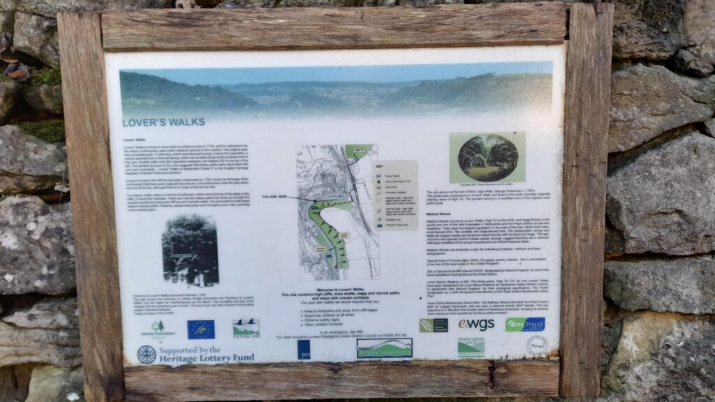 An informational sign for the Lover’s Walk trail, detailing the history and layout of the scenic route explored by the CET Walking Club