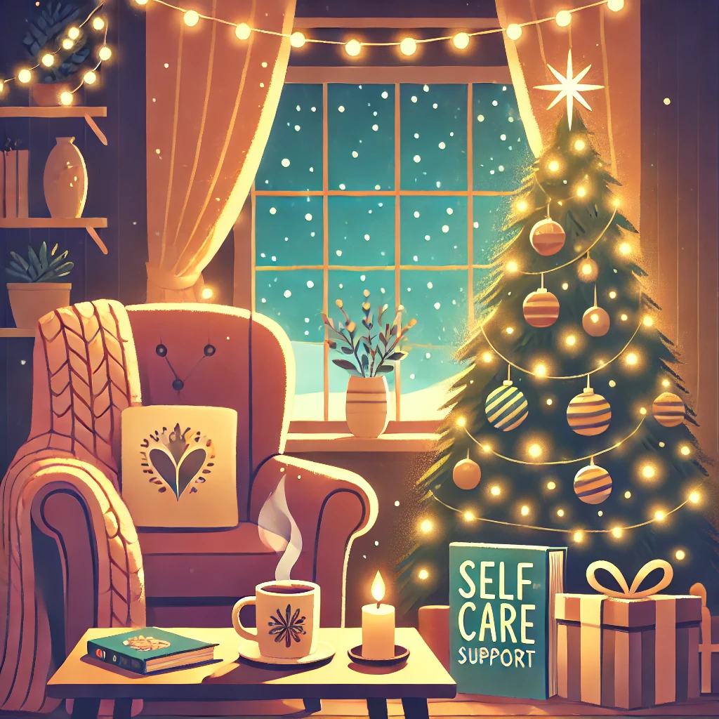 A warm and inviting Christmas-themed illustration featuring a cozy living room. A lit Christmas tree with glowing fairy lights stands in the corner, adding festive cheer. A comfortable armchair draped with a blanket sits nearby, with a steaming cup of tea and a book titled "Self-Care" resting on a small wooden table. In the background, a window reveals a peaceful snowy night. The scene radiates warmth, comfort, and holiday spirit, emphasizing calm and relaxation.