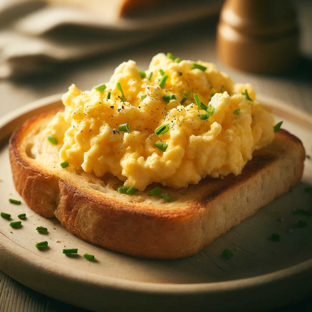 A plate of scrambled eggs on toasted sourdough bread. The scrambled eggs are fluffy, golden, and slightly creamy, garnished with finely chopped chives and a sprinkle of black pepper. The dish sits on a rustic wooden table with soft, natural lighting.