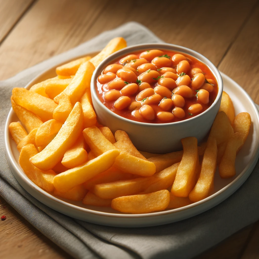 A plate of thick-cut, crispy air fryer chips alongside a portion of baked beans in tomato sauce. The chips are golden brown and piled on one side of the white plate, while the beans sit next to them. The dish is placed on a wooden table with natural lighting, without any extra dishes or garnishes.